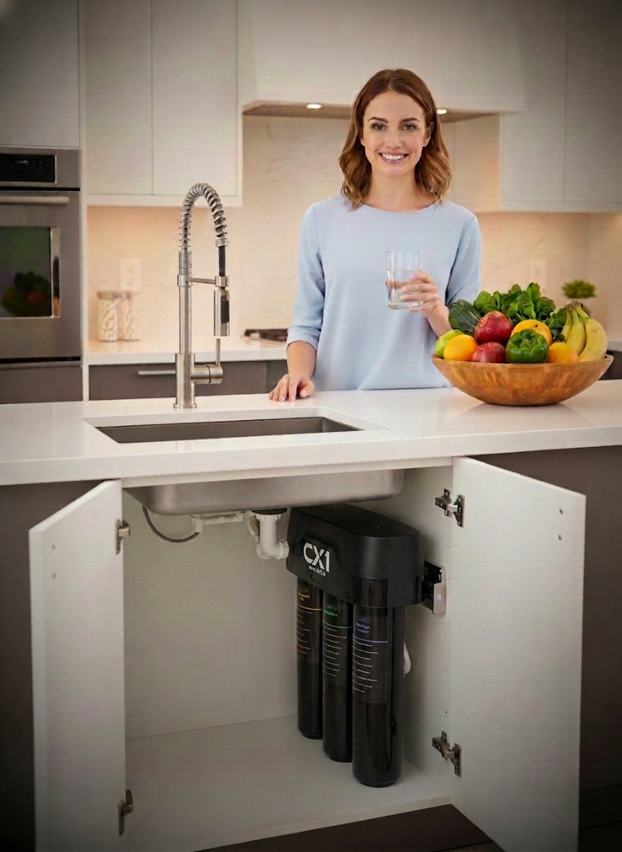 Pure alkaline water from CX1 — installed under kitchen sink, woman drinking pure water